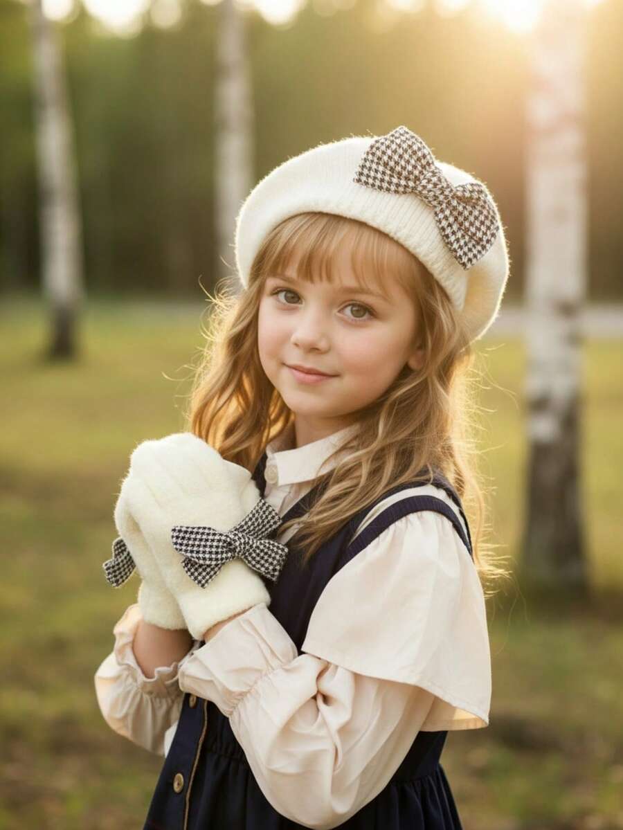 2 件/套：2 件儿童/幼儿女孩白色针织贝雷帽，可爱艺术家画家贝雷帽，带亚克力针织手套，时尚，时髦，流行，千鸟格，蝴蝶结装饰，时尚，轻薄，适合初冬