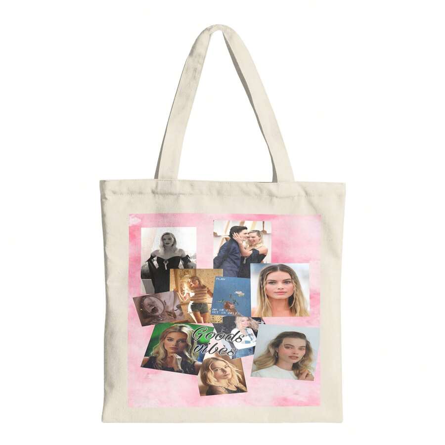 Margot Actor Robbie Aesthetic Canvas Tote Bag, Concert Movie Festival Related Reusable Totes Bag, No Zipper, No Pockets Inside - White - View 1