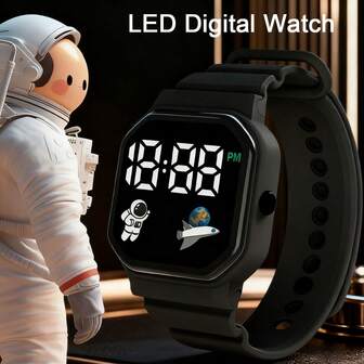 1pc Battery Powered LED Digital Display Unisex Student Watch, Astronaut & Spaceship Pattern, Simple & Cute, Time Display Only, Fashion , Suitable For School, Gifts, Holidays, Sports, Daily Wear