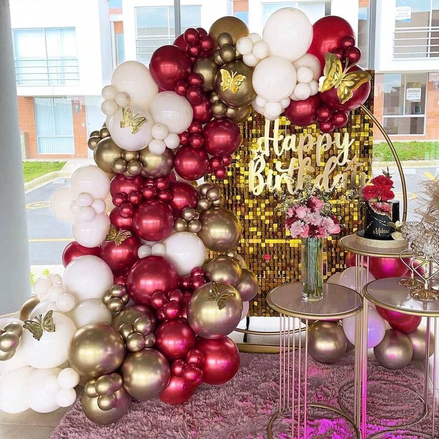 Juego de guirnaldas de globos, guirnalda de globos burdeos, dorados y blancos, decoración para fiestas de cumpleaños, 97 piezas, guirnalda de globos Wine red and white gold balloon chain - 1 - Ver 1