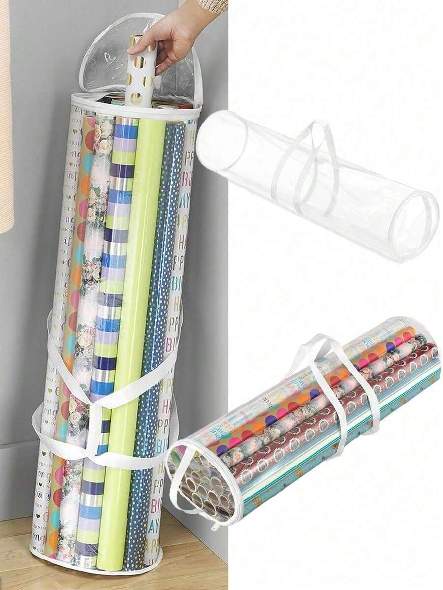 1 pieza Bolsa de almacenamiento de papel de embalaje, organizador de papel de regalo, caja de almacenamiento de papel de regalo de tela Oxford negra con bolsillo, estante plegable de almacenamiento de papel de embalaje, almacenamiento y organización del hogar, bolsa transparente de almacenamiento de papel de regalo, bolsa de almacenamiento de papel de regalo PVC con asa blanca, caja de almacenamiento cilíndrica portátil, bolsa de almacenamiento de papel de regalo de Navidad - Multicolor - Ver 1