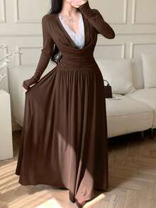 abyoxi Women's Brown Deep V Lace Splicing Drape Collar, Long Sleeve Waist-Cinching Ruched, Asymmetric Waistline Long Dress ,Vintage Elegant, Sexy And Charming, Party, Romantic Date, Formal Dinner Gown, Fall Winter Dresses