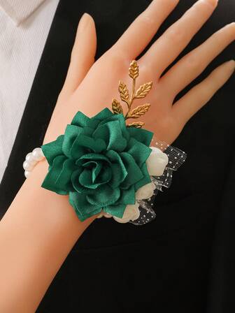 1pc Women's Wrist Flower, Korean Style Green Camellia Flower With Bead Decor, Suitable For Bride, Bridesmaid, Wedding Party, Prom, Daily Floral Accessory, Romantic Decoration