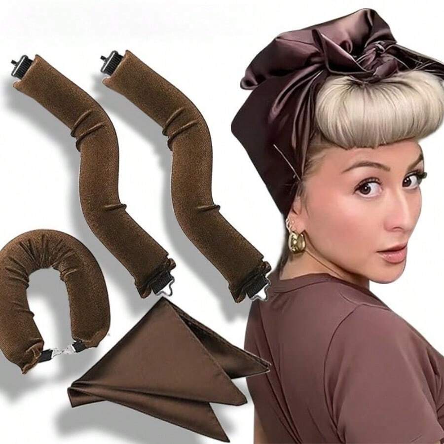 四件套卷发器套装，缎面无热卷发器套装，包含卷发棒、头带卷发器和电卷发器，可睡眠时使用，高回弹橡胶填充，柔软耐用，礼品，美发工具，美发用品，旅行必备，旅行，理发师，发型师，理发师配件，情人节，美发用品，发型师，理发店，沙龙，度假必备，美发产品，理发店，情人节礼物，女士旅行必备，发型师工具 - 咖啡 - 查看 1