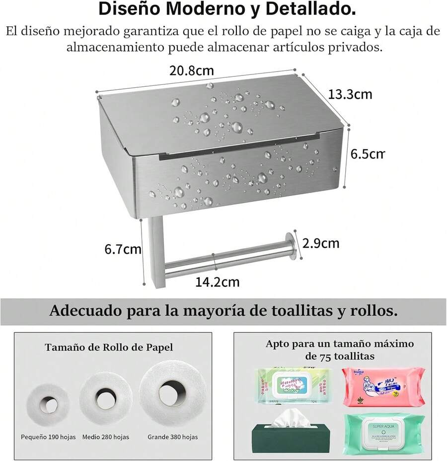 GALASALA Porta Rollos Papel de Baño de Acero Inoxidable SUS304, Soporte con Recipiente de Almacenamiento y Dos Ganchos Adicionales, sin Necesidad de Taladro, Fácil Instalación - Plata - Negro - Ver 1