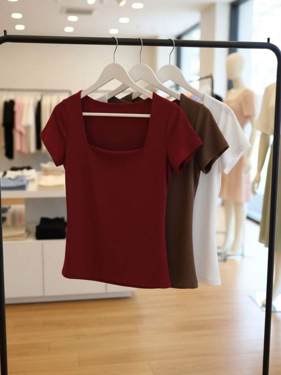 Set Of 3 Women's Baby Look Blouses With Square Neckline, Short Sleeves, Basic Shaping, Versatile, Casual Fashion, No Transparency, Fabric With Elastane, , Blogger Style, Affordable - WHITE WINE-cOFFEE - View 1