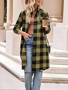 Camisa Blusa Larga Para Mujer,Chaqueta Camisa Estampado A Cuadros, Camisa Blusa Manga Larga, Camisa Blusa Con Bolsillos Delanteros - Verde - Ver 5