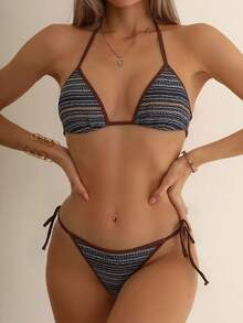 2pcs Women's Swimsuit, Cute Backless Crochet Mesh Side Tie Thong Bikini Set With Contrast Straps, Suitable For Summer Beach Wear - Brown - View 4