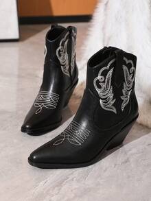Botines de tacón medio estilo western para mujer, de moda y con estilo - Negro - Ver 5