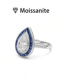 1 件女士结婚戒指，闪亮蓝边戒指，3.6 克 S925 纯银，2 克拉莫桑石，波西米亚宫廷风格，奢华订婚、婚礼、周年纪念、情人节礼物，附赠莫桑石证书和精美礼品盒 - 銀色 - 查看 8