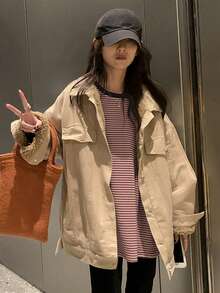 女士字母条纹印花落肩长袖休闲T恤 - 粉色 - 查看 2