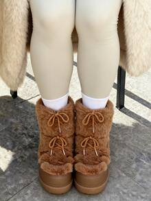 Faux Fur Boots For Women Winter Snow Boots Platform Lace Up Round Toe Boots Warm Snow Shoes Fluffy Winter Boots - màu nâu - Xem 5