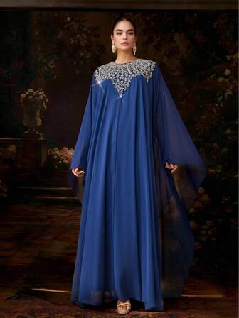 AmazingHoney 优雅的蓝色雪纺长袍，配以银色装饰和长袖，阿巴雅长袍，派对阿巴雅长袍，端庄的礼服（超大尺寸 - 请查看尺码表）