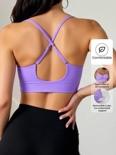1pc Seamless Adjustable Criss Cross Strap Supportive Sports Bra, Com Tafel Removable Padded Wireless Yoga, Workout Exercise view 3