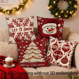 4pcs Christmas Happy Red Christmas Tree, Snowman, Ornament, Snowflake Print Soft Polyester Pillow Covers, 45x45cm (17.72x17.72inch), Zipper Closure, Machine Washable, Suitable For Home Decor, Living Room, Bedroom, Porch, Garden, Outdoor, Holiday Decoration