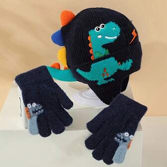 2pcs/Set Warm Earflap Hat & Cute Cartoon Dinosaur 5-Finger Gloves Set, Suitable For Daily Wear, Outdoor Travel, Autumn/Winter