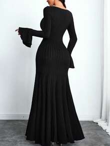 女士性感优雅法式复古青春时尚花瓣袖不规则弹力毛绒大裙摆连衣裙，适合通勤或假日派对穿着，黑色，春季款 - 黑色 - 查看 3