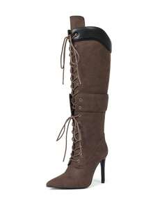 Y2K Style Luxury Fashion Women's Over Knee Boots Pointed Toe Lace Wide Calf Zip Stiletto Heel Shoes Motorcycle Dressy Party Boots - 巧克力棕 - 查看 7