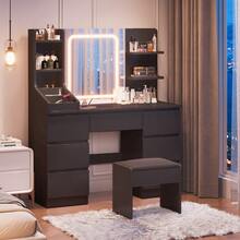 Devoko Vanity Unit With LED Lighting, 3-Stage Brightness Control, Vanity Unit With Adjustable Mirror, 7 Drawers And Open Shelves, Modern Wooden Dressing Table For The Bedroom, Stylish Contemporary Design, Stepless Dimming, White/Pink/Black - 黑色 - 查看 5