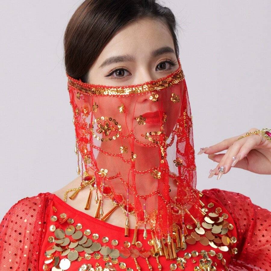 Véu de Rosto para Festa, Acessório de Máscara de Festival para Mulheres, Véu com Franjas de Lantejoulas Cintilantes, Cobertura para Dança do Ventre, Carnaval, Halloween, Fantasia de Natal Mascarada