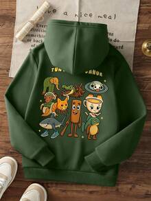 1件装男童休闲印花套头卫衣，保暖内衬，长袖，秋冬季 - 綠色 - 查看 3