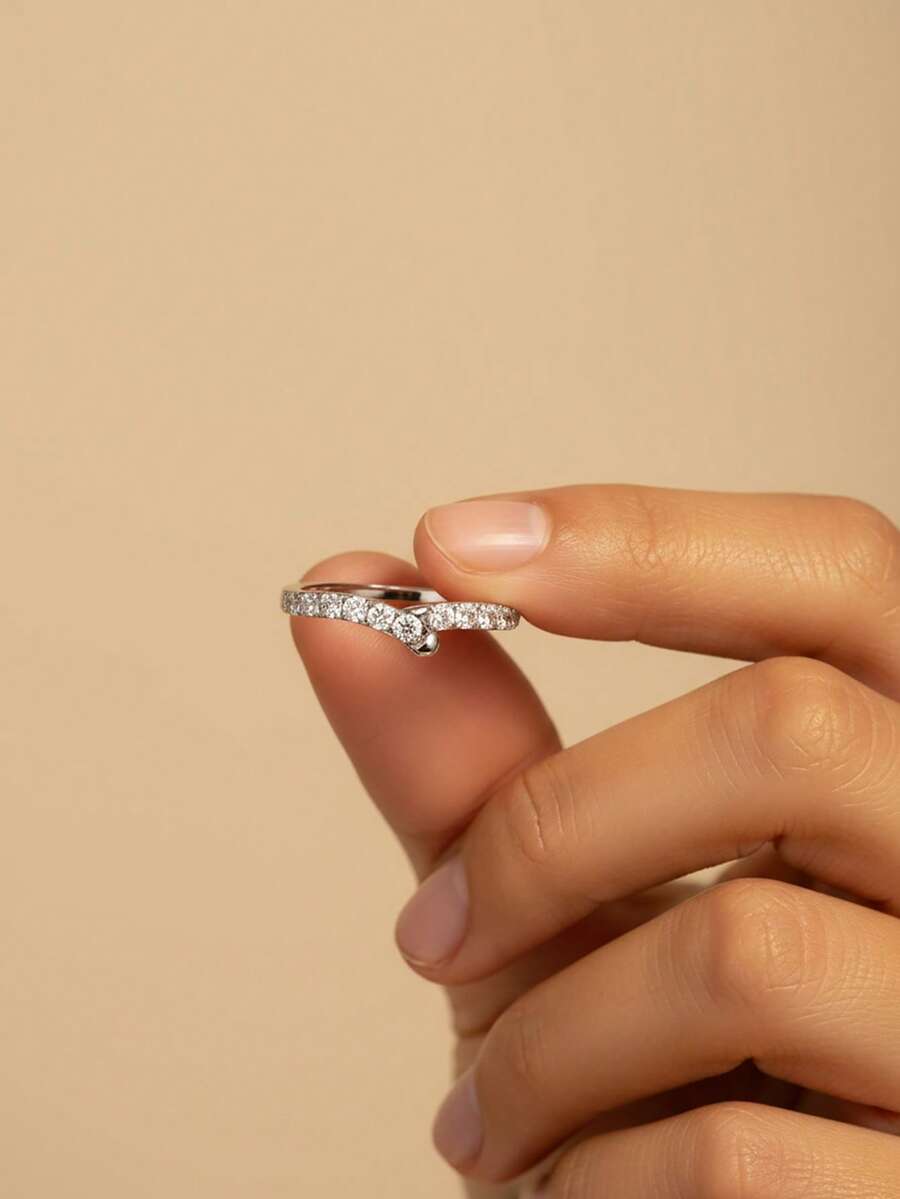 Stylever 1 Stück exquisiter V-förmiger Ring Damenschmuck für Frauen 925er Sterling Silber einfach mit Zirkonia besetzt Ring Feiner Schmuck für Mädchen Geburtstagsgeschenke für den Alltag Dating Dekoration