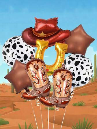 2/8 st bruna western cowboy-tema partyballonger, inkluderar cowboyhatt, stövlar och hästskoballonger, lämpliga för cowboyfödelsedagsfest, möhippa, cowboytävling, duschfest, bondtema, cowboy-svimforeställningsdekorationer