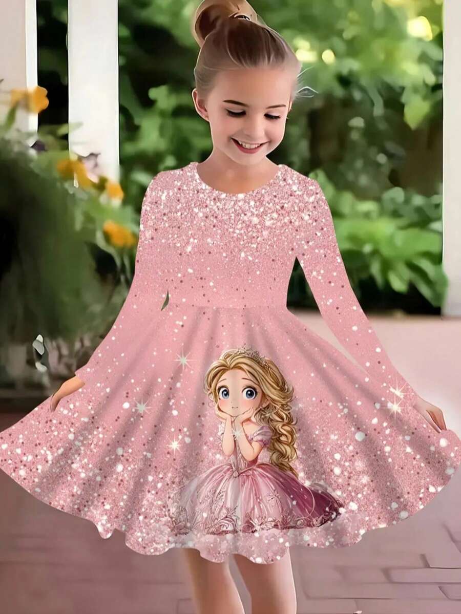 3D Unicorn Print Long Sleeve Casual Dress, Comfortable Sports Gift For Girls, Spring/Autumn - Pink - View 1