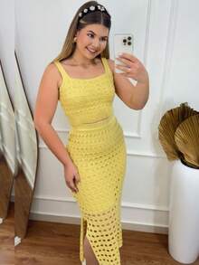 Women's 2-Piece Knit Set: Long Skirt And Cropped Top With Lace Knit Detail - Summer - 藍色 - 查看 2