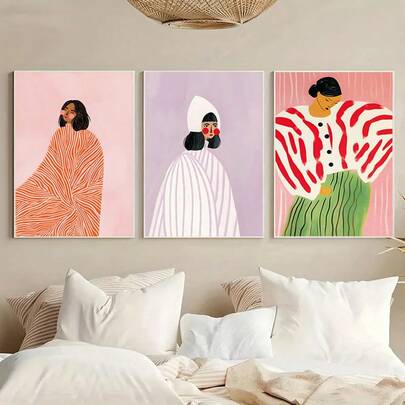 1/3幅现代抽象线条女孩美学艺术画海报，墙面艺术画，非常适合女孩房间墙面装饰帆布画，卧室，客厅，浴室，厨房，餐厅，办公室装饰挂画（无框）