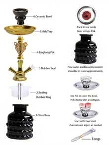 Complete New Hookah Set, Single Hose Acrylic Hookah Kit, Shisha Flexible Hose Ceramic Bowl Accessories, Portable Hookah Pipe Set (Includes Bowl, Hose, Charcoal Tray, Tongs), Premium Full Glass Bottle Acrylic Stem Metal Hookah Hose And Pipe Fittings, No Electricity Required, Suitable For Back To School, Valentine's Day, Father's Day Gifts, Friends, Bars, Nightclubs, KTVs, Home And Restaurants (2 Random Glass Bottle Styles)