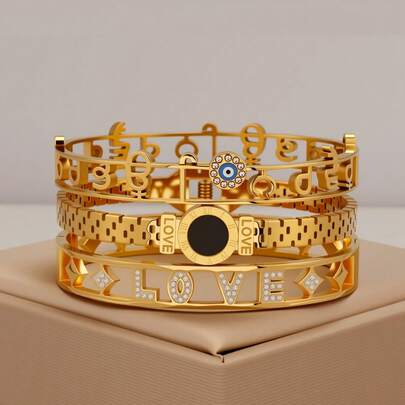 3pcs/Set Mysterious Elegant Blue Eyes Love Note Hollow Decor Bracelet, Goddess Beloved Combination Bracelet Gift