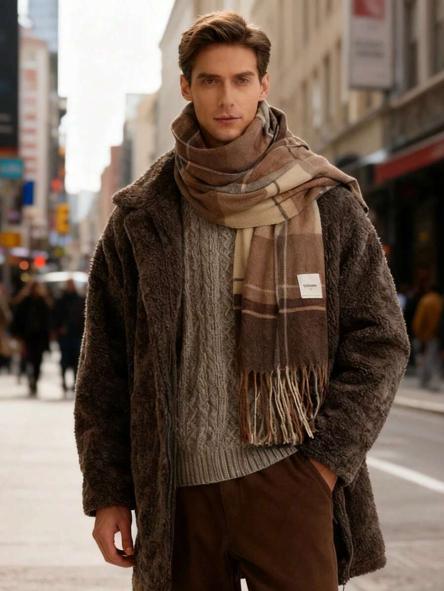 1pc Men's British Plaid Scarf - Soft Warm Knitted Shawl, Plaid Pattern (Brown/Black/White/Beige), Beige/Brown Tassel Trim - Durable Winter Neck Warmer Wrap, Suitable For Layering, Elegant Scottish Style Accessory, Women Scarf, Women Winter Scarf - Multicolor - View 1