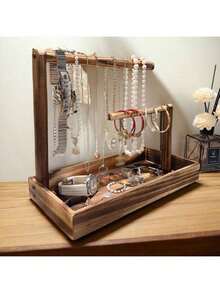 1pc Rustic Wooden Jewelry Organizer Stand - Versatile Desktop Display For Necklaces, Bracelets, Watches, Beads - Rectangular Solid Wood Jewelry Rack, No Electricity Needed, Jewelry Towers