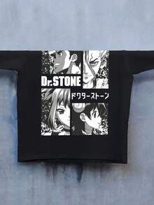 Dr. Stone Men's Oversized Graphic T-Shirt - Casual Street Style, Short Sleeve, Crew Neck, Black With White Print, Loose Fit, All Season Clothing, Casual Outfit | Crew Neck T-Shirt | Printed Design - 黑色 - 查看 5