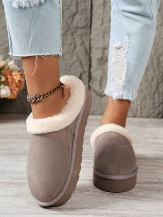 Women's Solid Color Casual Fashion Slippers, Warm Thermal Lining, Soft & Comfortable, Suitable For Outdoor & Indoor Wear, Thick Sole Long Plush Lined Warm Slippers, Autumn/Winter
