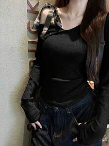 新款女士露肩灰色打底衫，甜美性感蝴蝶结露肩叠穿上衣，女士秋季服装 - 黑色 - 查看 6