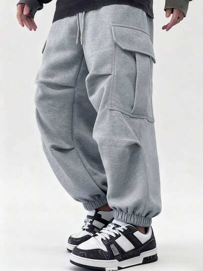 男士灰色多口袋抽绳束脚休闲工装裤