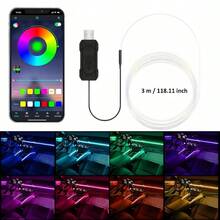 118.11-Inch Flexible 7-Color LED Car Interior Light Strip - USB Powered (5V) Music Sync Mood Light, Neon Dashboard/Center Console Decoration, Suitable For All Cars, High-Quality LED, Car Light Accessories, DIY Decorative Light Strip - 1 Tow 1+118.11 Inch - View 2