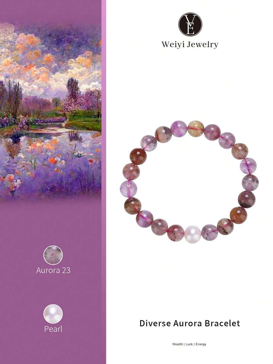 VE 1pc High Quality Genuine Natural Aurora Quartz Multi-Gem Bracelet. Paired With Freshwater Pearls, Suitable For Self, Bestie, Girlfriend, Friend, Mom, Unisex. Jewelry Color Randomly Assorted - Bracelet - View 1