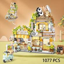 城市咖啡熊猫茶馆积木玩具，可打开的熊猫建筑茶馆拼装玩具，迷你街景积木，创意积木盒街景，万圣节、生日、圣诞节礼物，迷你积木，860+块 - 彩色 - 查看 4