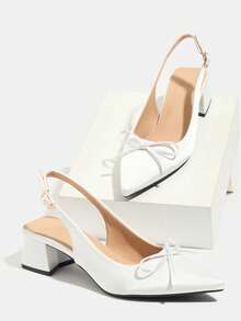 Giày cao gót hở mũi, mũi kín, hở gót, có nơ trang trí cho nữ, giày cao gót đế thô thoải mái, phù hợp cho trang phục hàng ngày, tiệc tùng, đám cưới, những dịp trang trọng, thích hợp cho mùa thu/đông, màu trắng - trắng - Xem 6