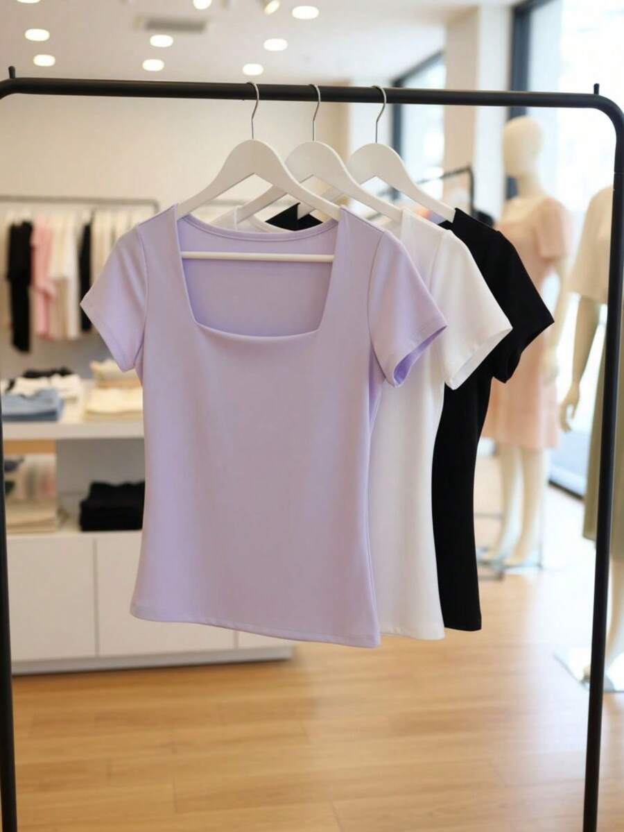 Set Of 3 Women's Baby Look Blouses With Square Neckline, Short Sleeves, Basic Shaping, Versatile, Casual Fashion, No Transparency, Fabric With Elastane, , Blogger Style, Affordable - LILAC-bLACK-wHITE - View 1