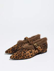 أحذية ماري جين نسائية ذات كعب متوسط مريحة للخارج، دافئة، مطبوعة بنمط نمر، ذات رأس مدبب وحزام إبزيم، كعب سميك، طراز جديد للشتاء