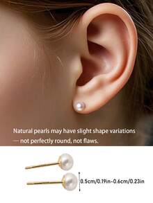 Artepollo 1 Pair 925 Sterling Silver Hypoallergenic Natural Pearl Stud Earrings, Gift Box, Cute & Elegant, Suitable For Daily Or Holiday Wear, Gift For Girls, Friends, Back To School - Gold - View 5