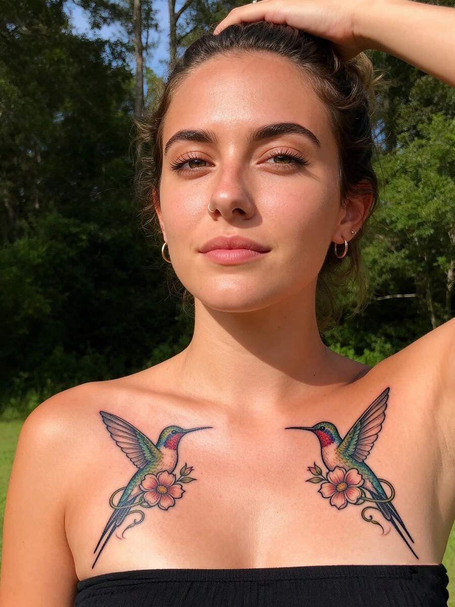 STARTTOOS 2件裝彩色3D蜂鳥與花卉圖案派對禮物DIY演唱會節日禮物臨時防水紋身貼紙,適用於手臂、肩膀、頸部、鎖骨 - 彩色 - 查看 1