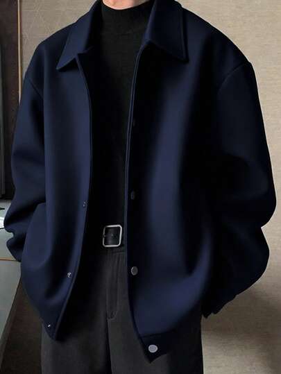 男士纯色翻领羊毛混纺全拉链夹克，厚实外套，街头风，绅士风格，适合多种场合