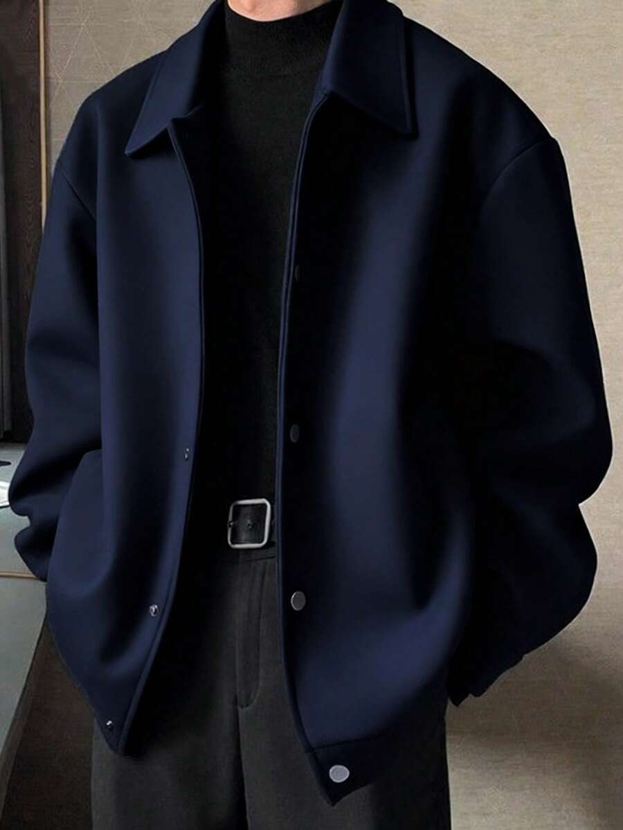 Men's Solid Color Turndown Collar Wool Blend Full Zip Jacket, Thick Outerwear, Streetwear, Gentleman Style, Versatile For Multiple Occasions - Màu xanh hải quân - Xem 1