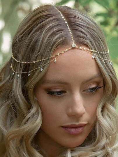 1pc Fashionable Gold Bohemian Style Crystal Forehead Chain, Elegant Double-Layer Alloy Headpiece, Suitable For Party And Daily Wear, Jewelry Gift