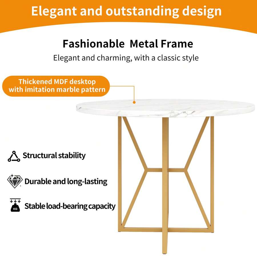 Mesa de jantar redonda (80 x 80 x 76 cm), mesa redonda leve e luxuosa para 4 a 6 pessoas, adequada para salas de jantar e salas de estar, pernas douradas, tampo de MDF marmorizado - Branco - Ver 1